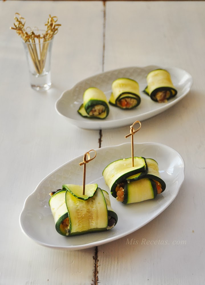 Involtini of zucchini with couscous of prawns and mushrooms